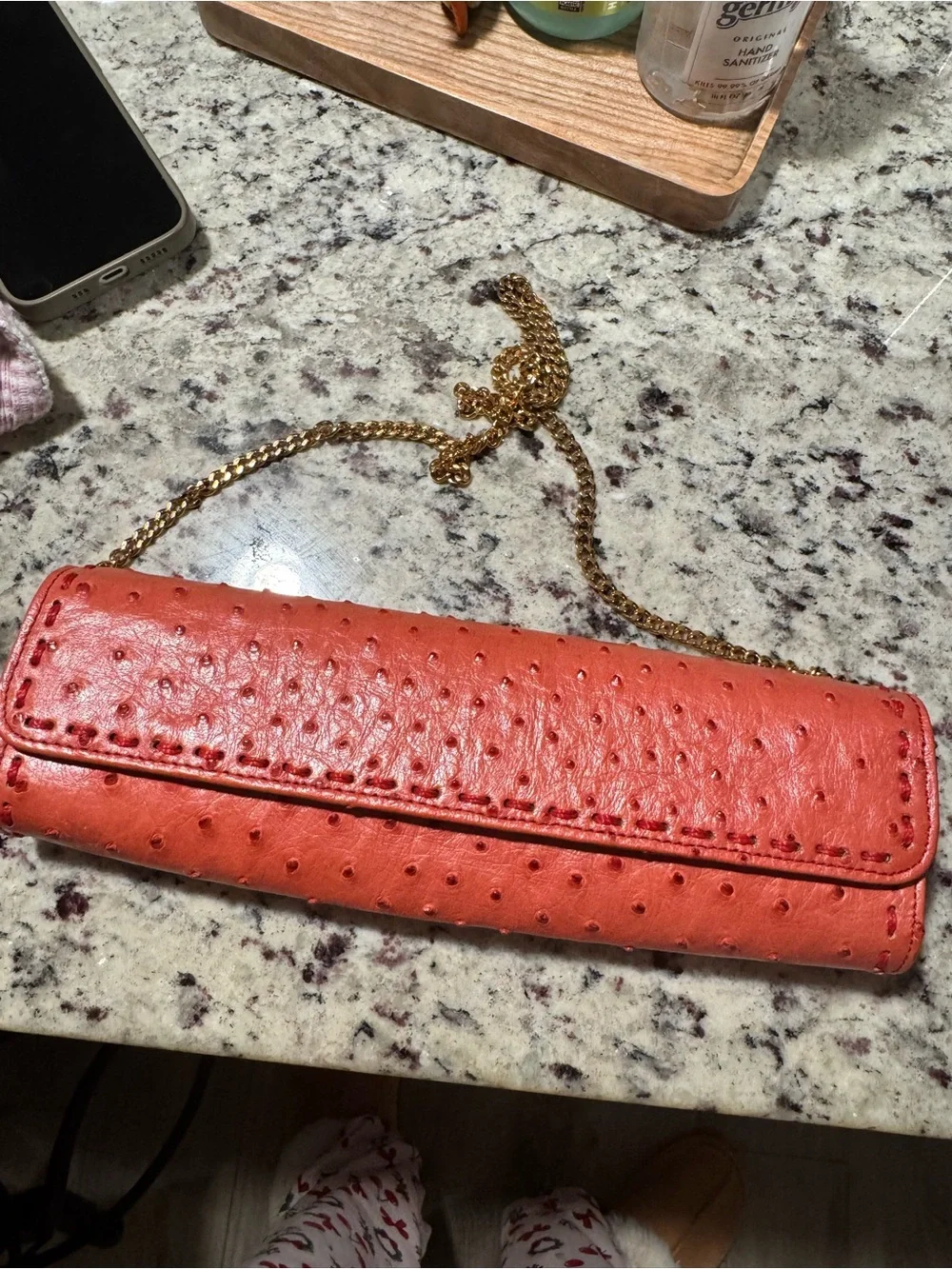 Women’s Coral Textured Leather Shoulder Bag with Gold Chain